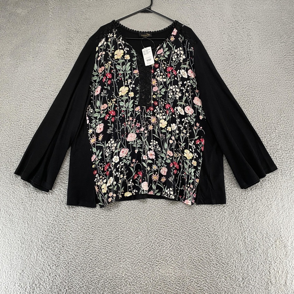 Suzanne Betro Floral Tunic Top Womens 3X Black Lace Wide Sleeves‎ Boho Stretch